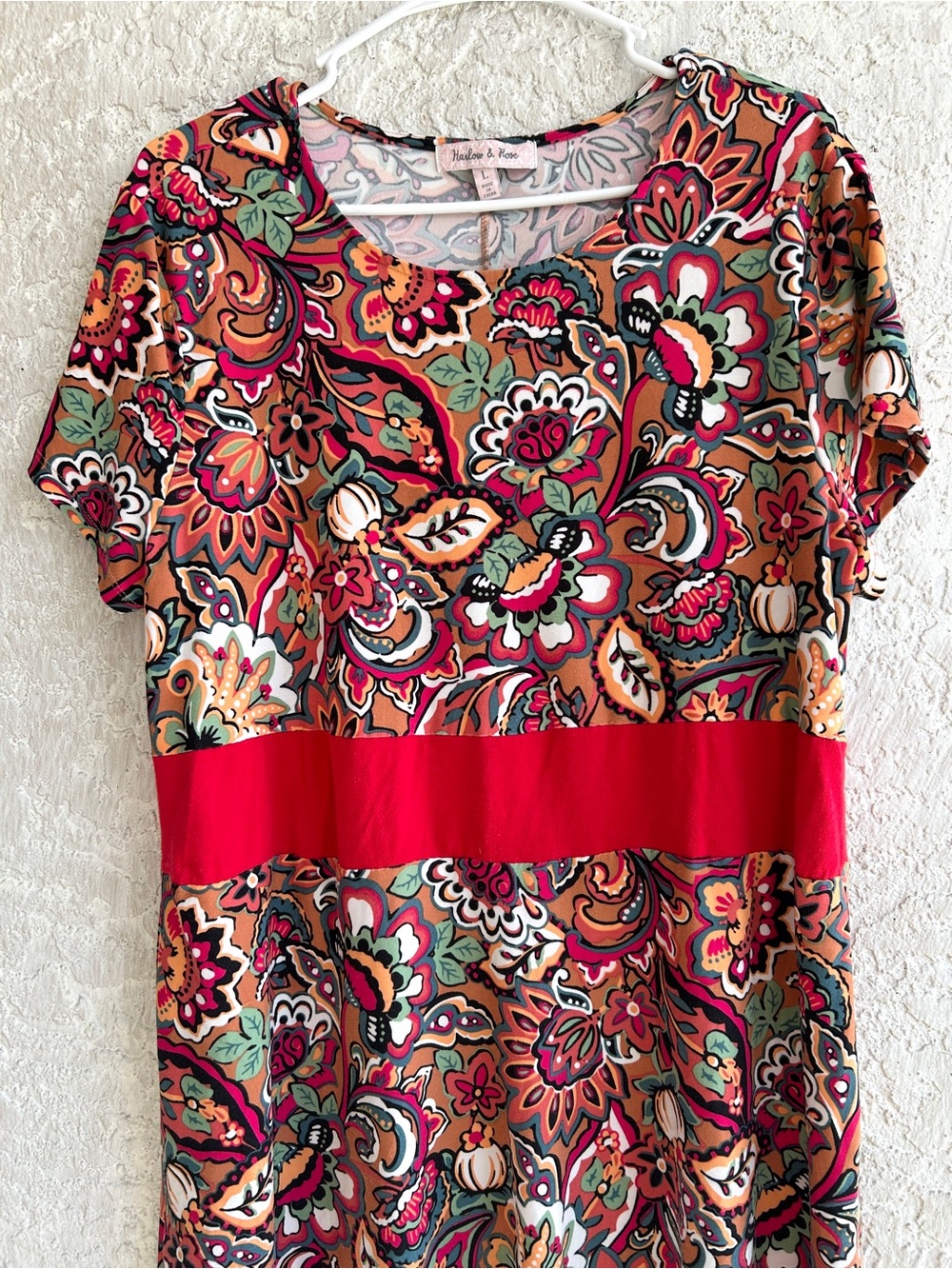 Red Paisley-Print Midi Dress with Red Waistband - Picture 3 of 8